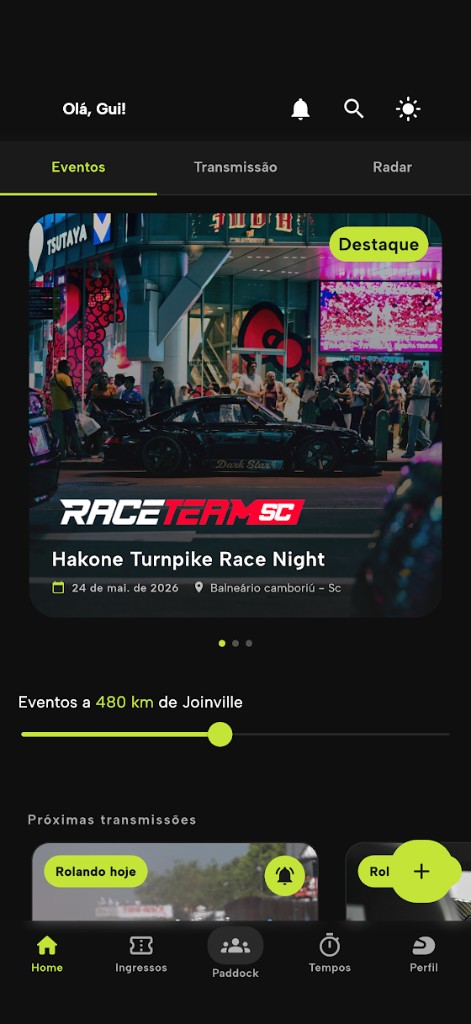 Tela de eventos em destaque no Racing Place
