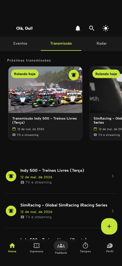 Transmissões e próximas lives no app