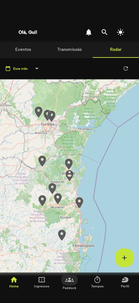 Radar de eventos no mapa