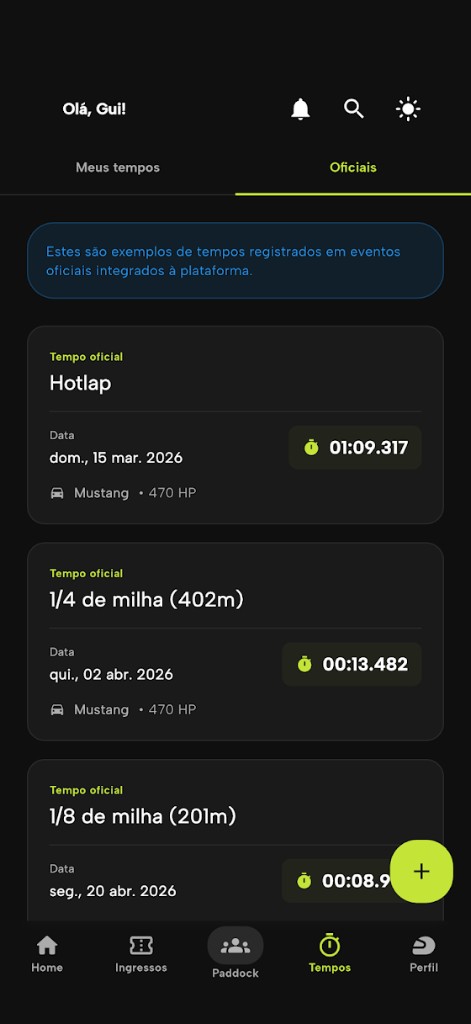 Tempos oficiais e classificações no app